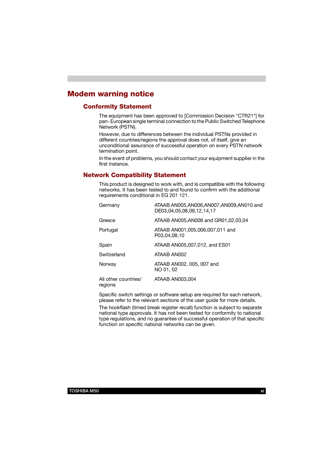 Toshiba M50 user manual Modem warning notice, Conformity Statement, Network Compatibility Statement 