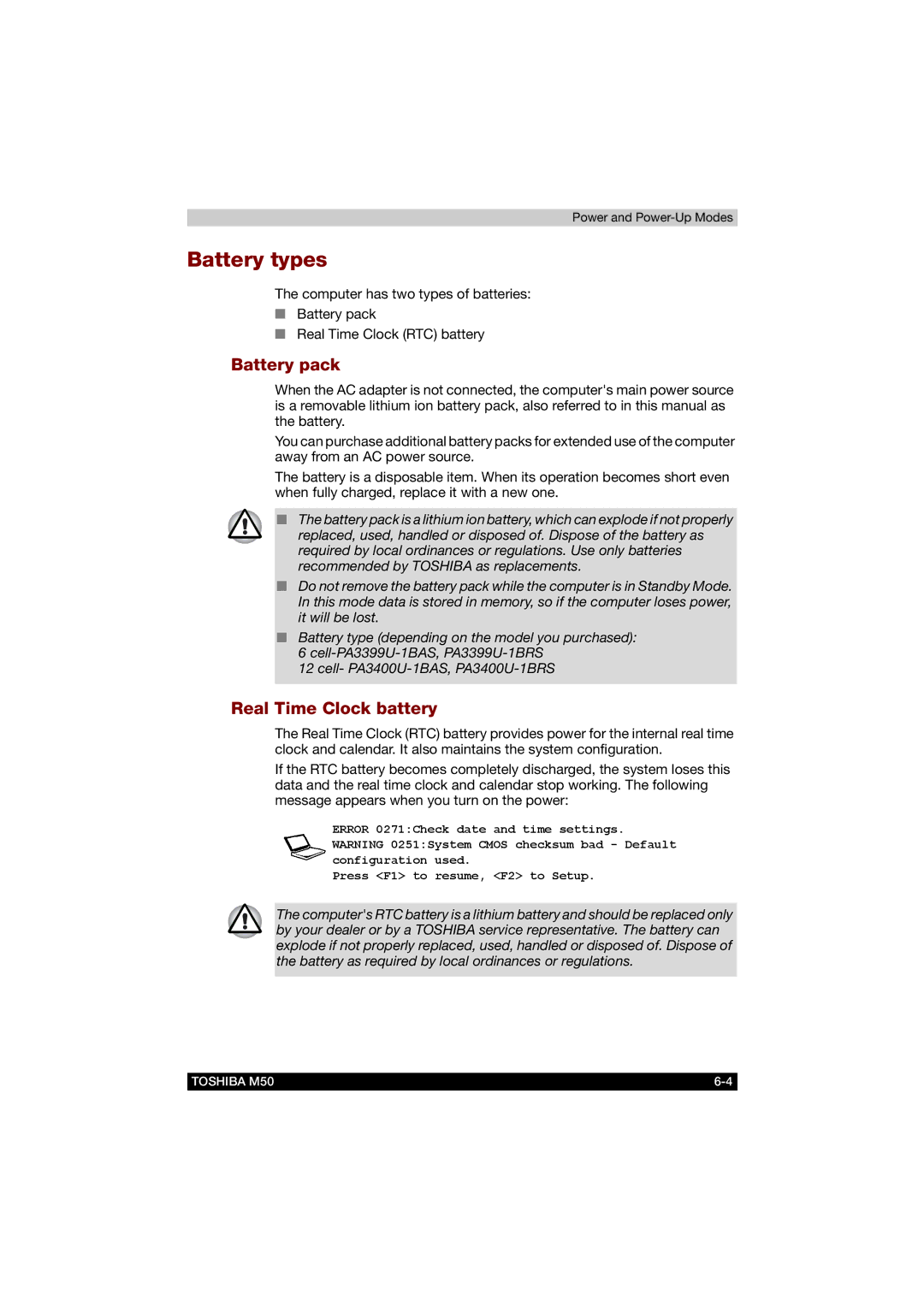 Toshiba M50 user manual Battery types, Battery pack, Real Time Clock battery 