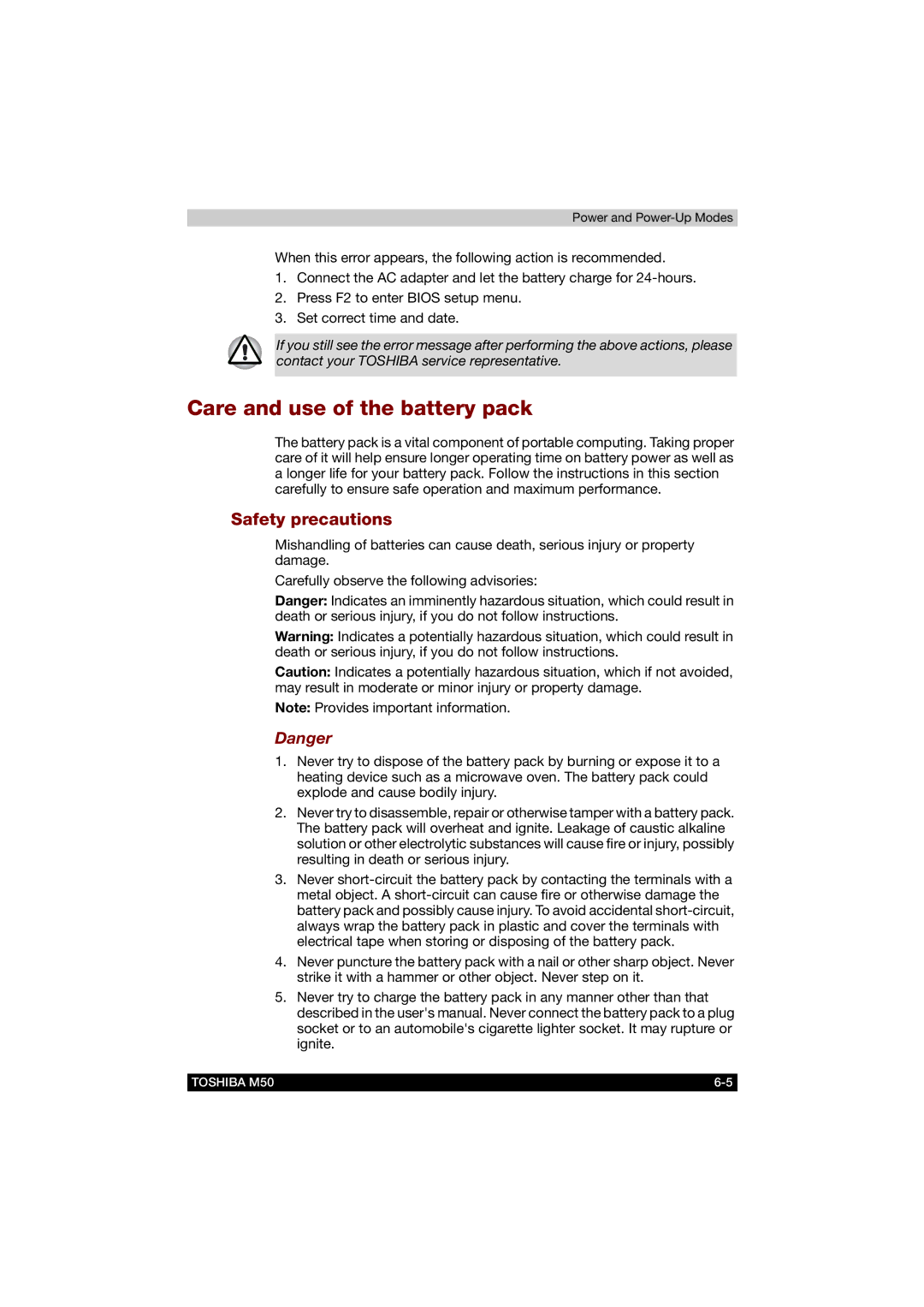 Toshiba M50 user manual Care and use of the battery pack, Safety precautions 