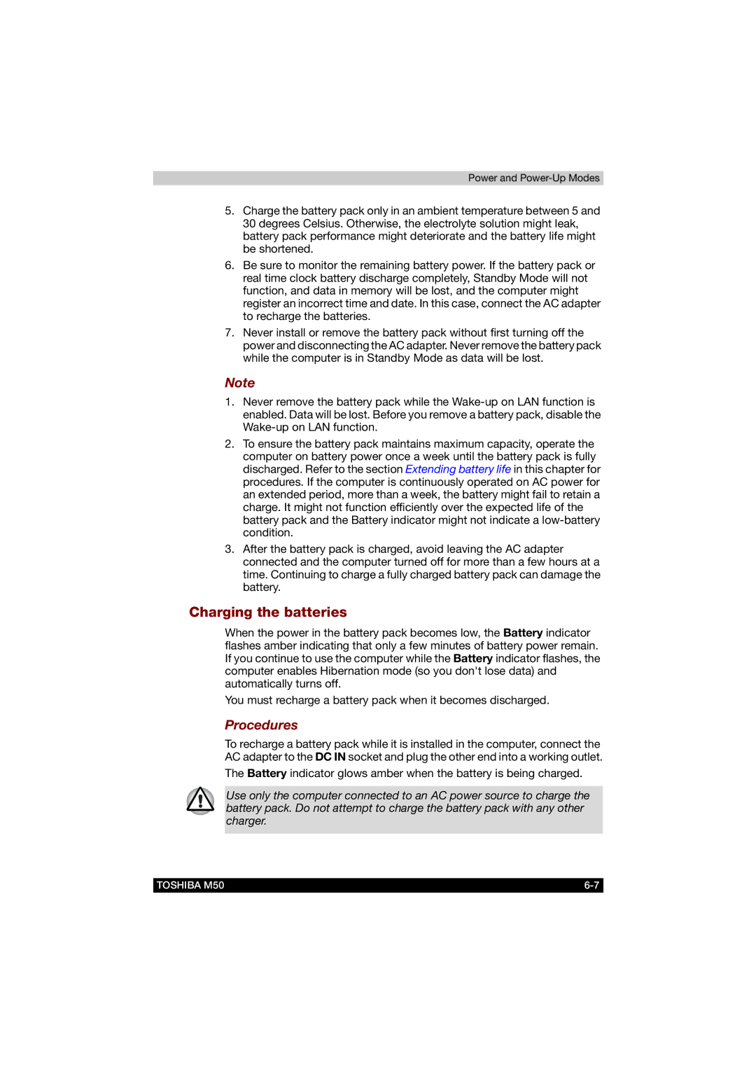 Toshiba M50 user manual Charging the batteries, Procedures 