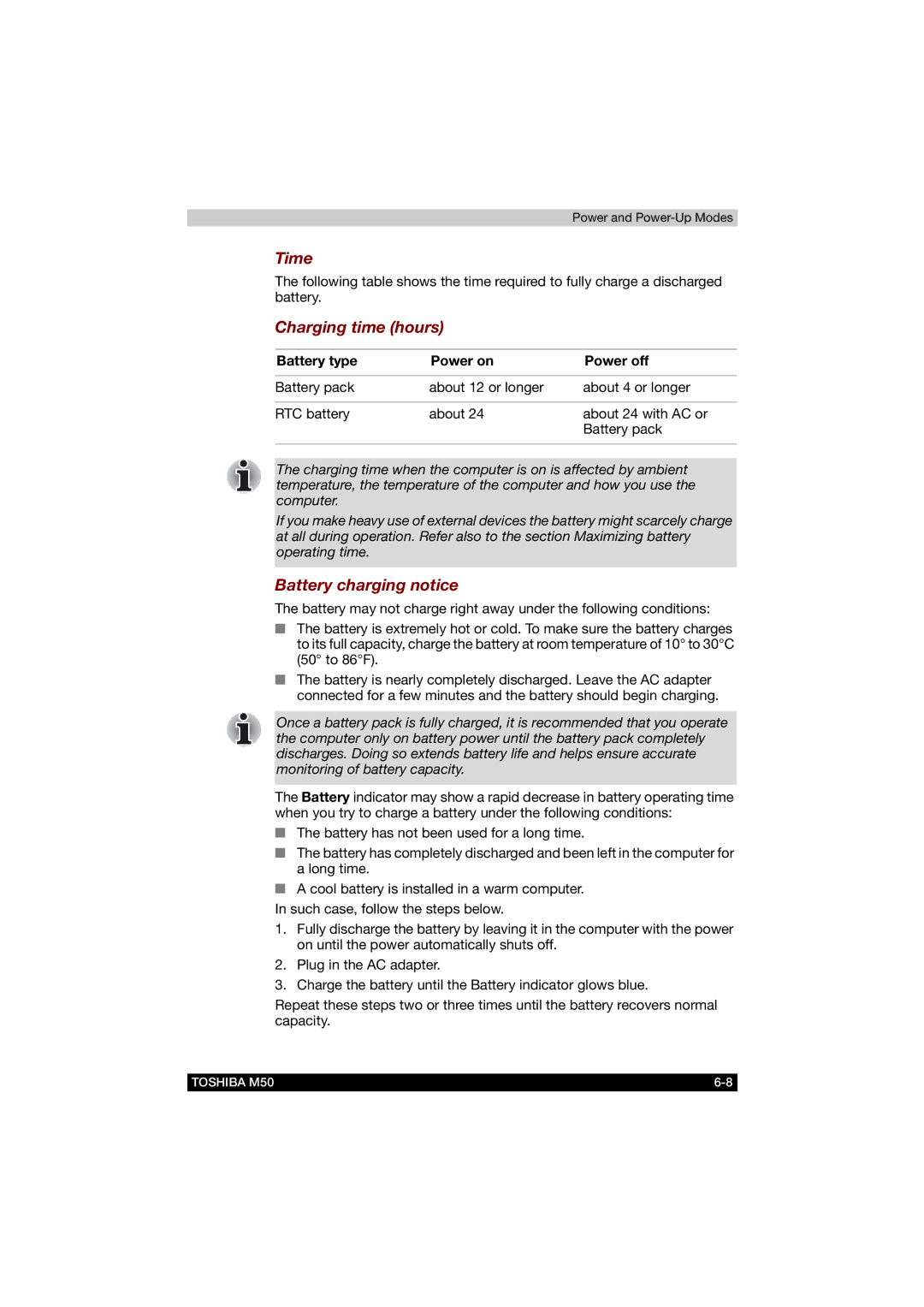 Toshiba M50 user manual Time, Charging time hours, Battery charging notice, Battery type Power on Power off 