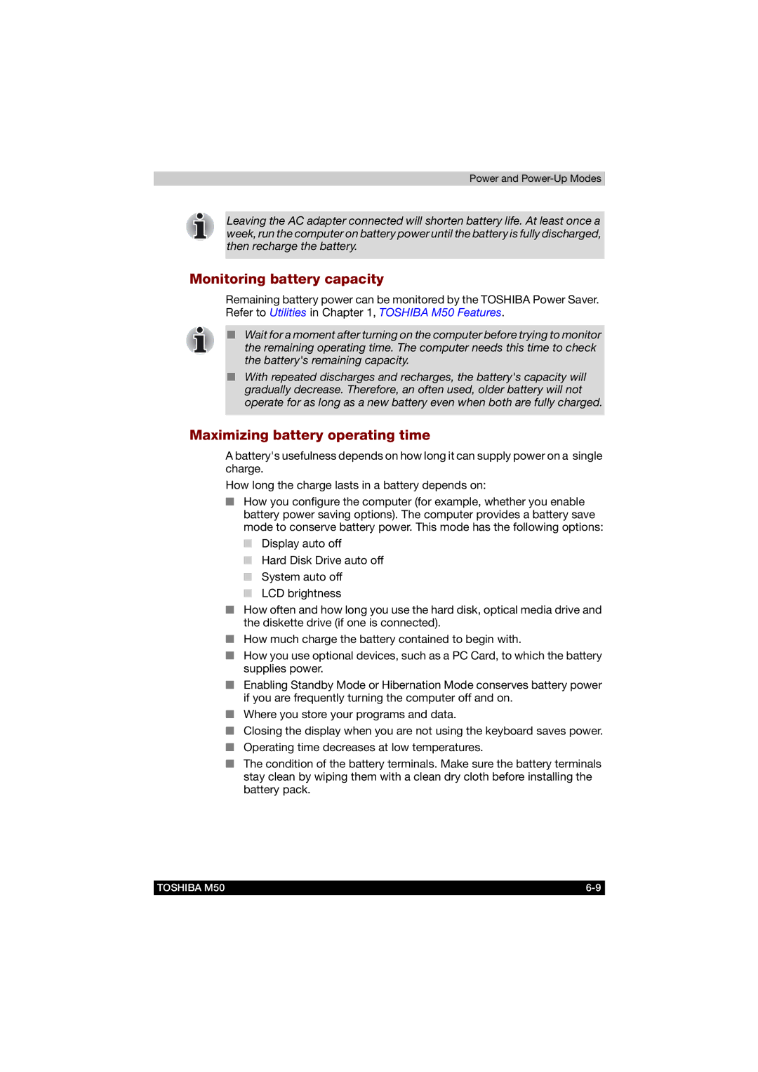 Toshiba M50 user manual Monitoring battery capacity, Maximizing battery operating time 