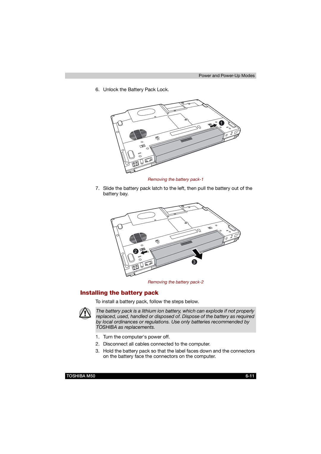 Toshiba M50 user manual Installing the battery pack 