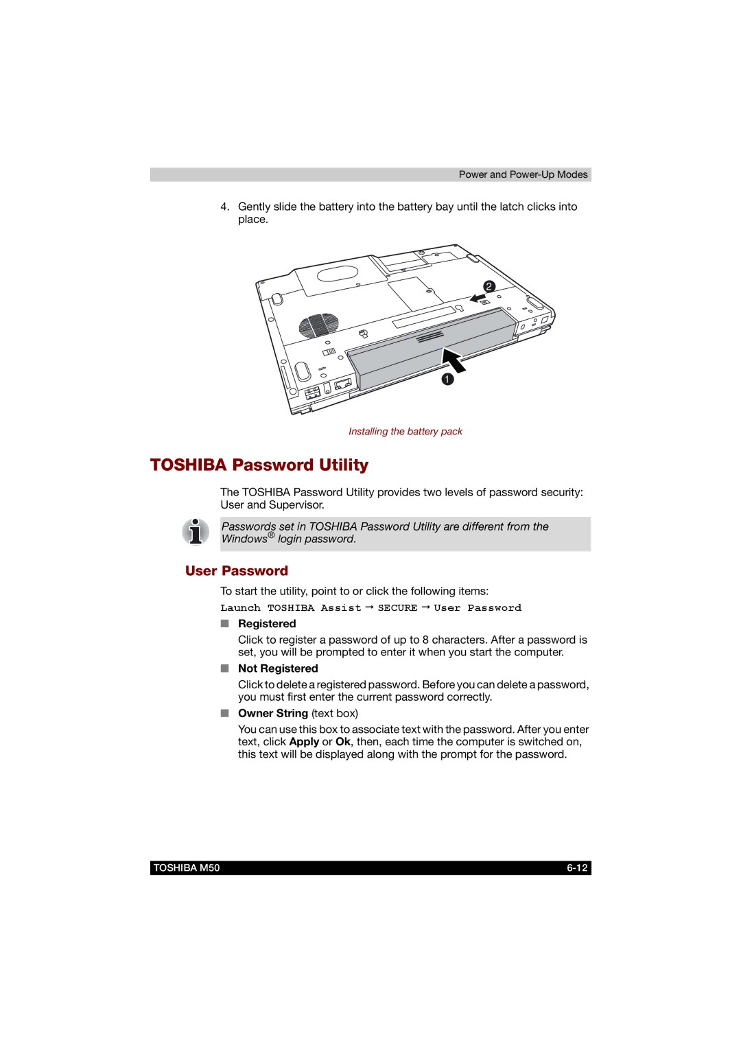 Toshiba M50 user manual Toshiba Password Utility, User Password, Not Registered, Owner String text box 