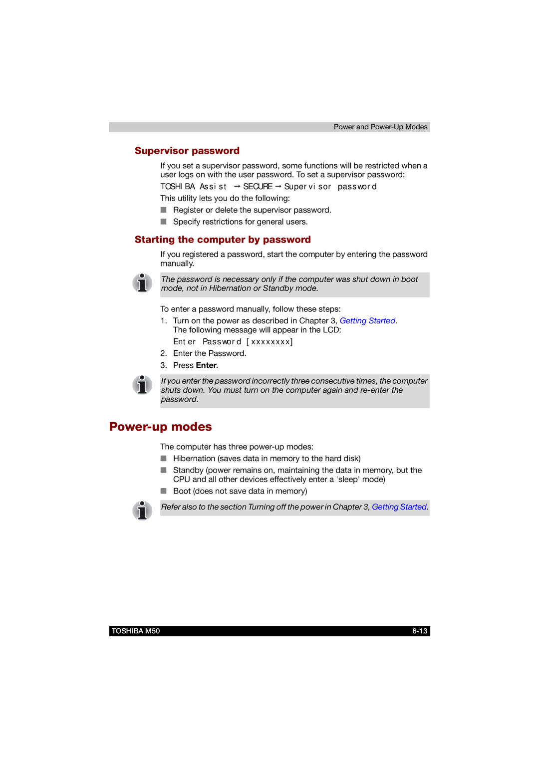 Toshiba M50 user manual Power-up modes, Supervisor password, Starting the computer by password 