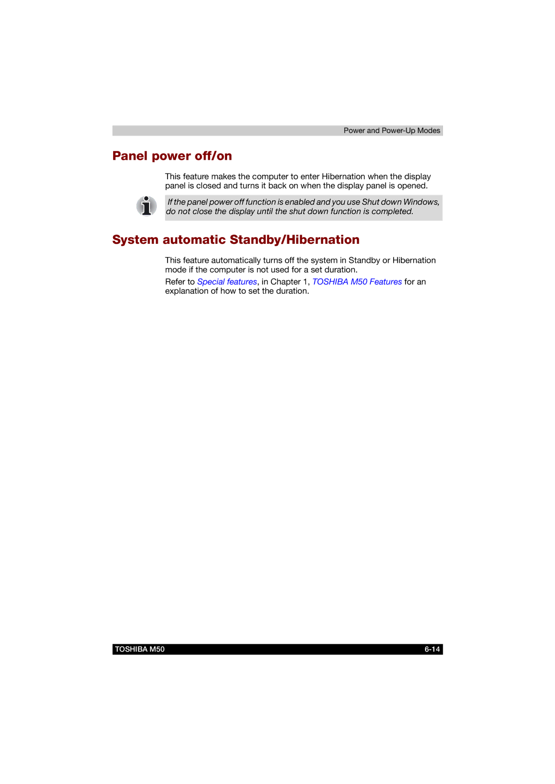 Toshiba M50 user manual Panel power off/on, System automatic Standby/Hibernation 