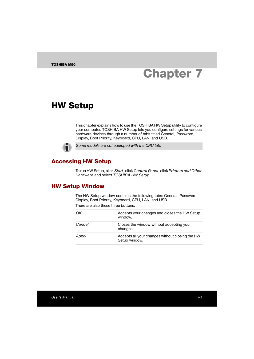 Toshiba M50 user manual Accessing HW Setup, HW Setup Window, Cancel, Apply 