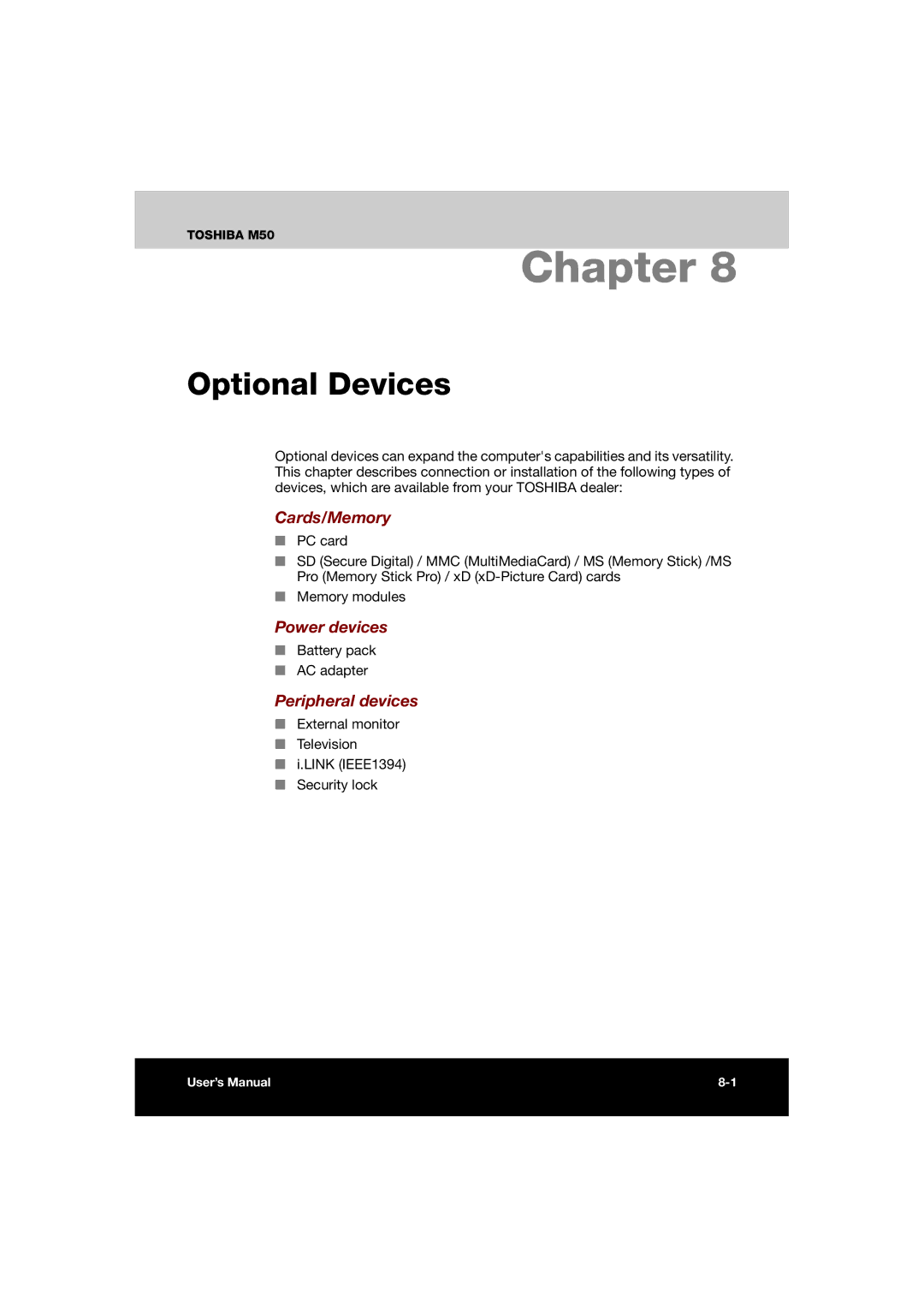 Toshiba M50 user manual Optional Devices, Cards/Memory, Power devices, Peripheral devices 