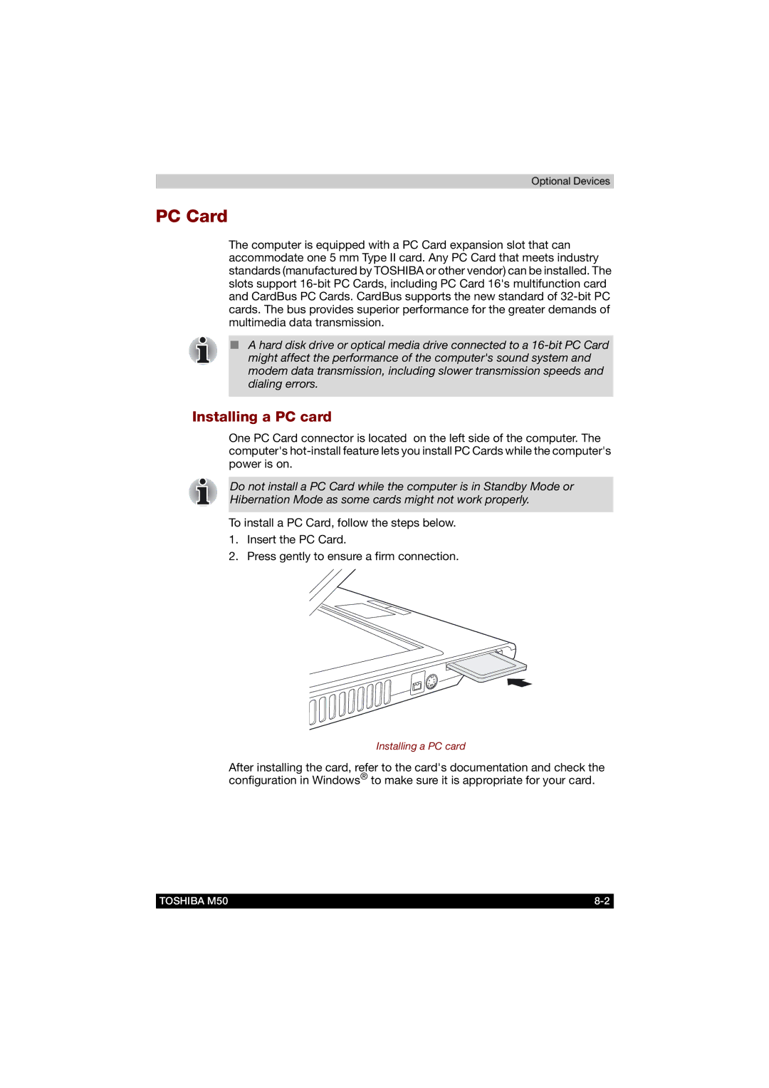 Toshiba M50 user manual PC Card, Installing a PC card 