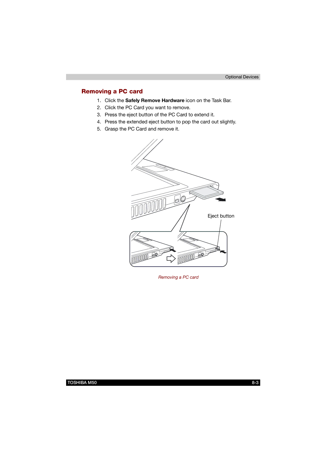 Toshiba M50 user manual Removing a PC card 