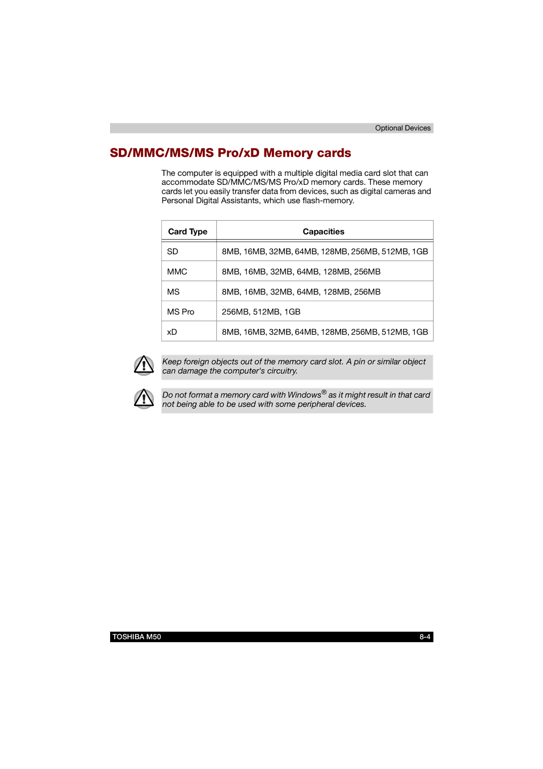 Toshiba M50 user manual SD/MMC/MS/MS Pro/xD Memory cards, Card Type Capacities 