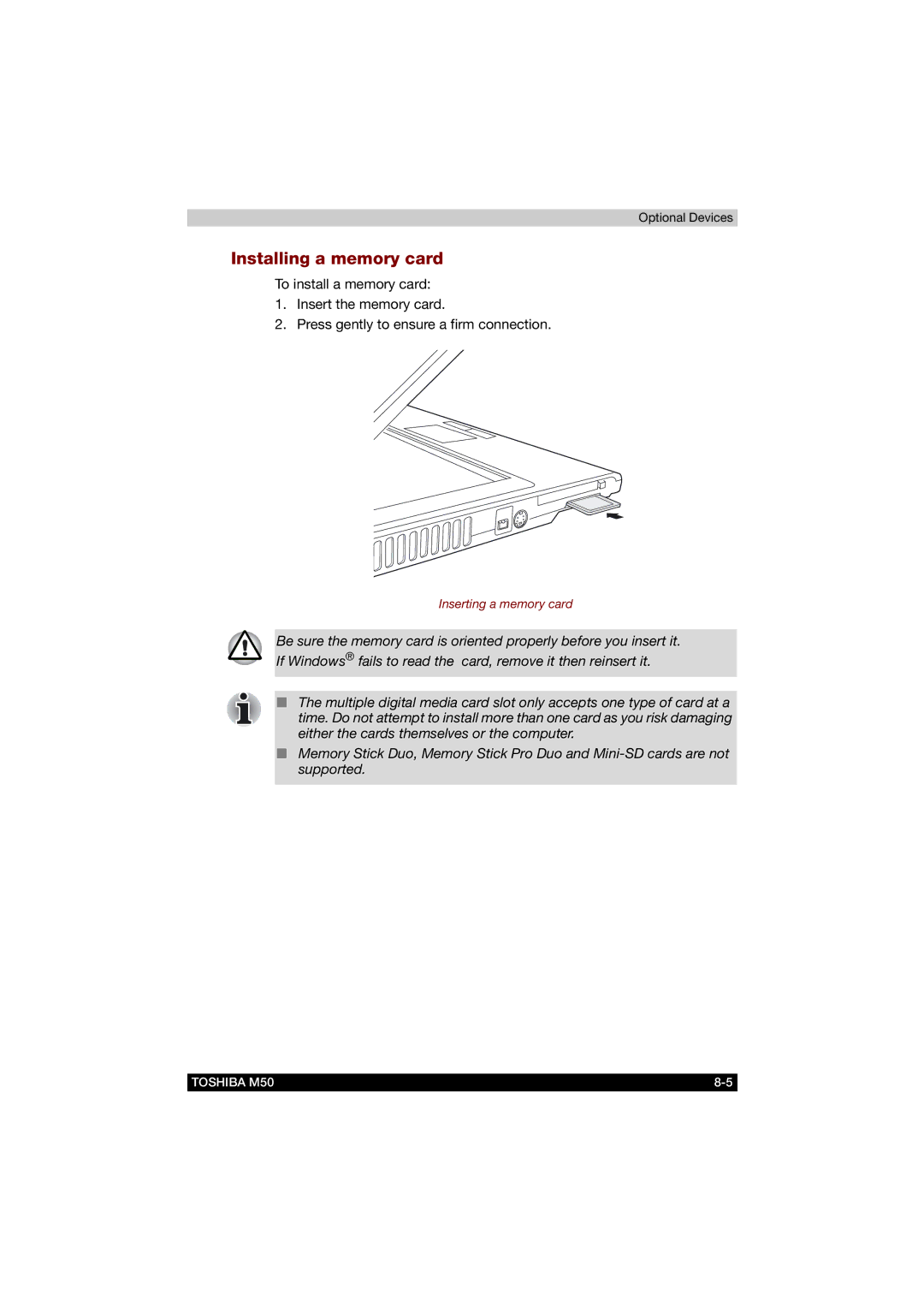 Toshiba M50 user manual Installing a memory card 