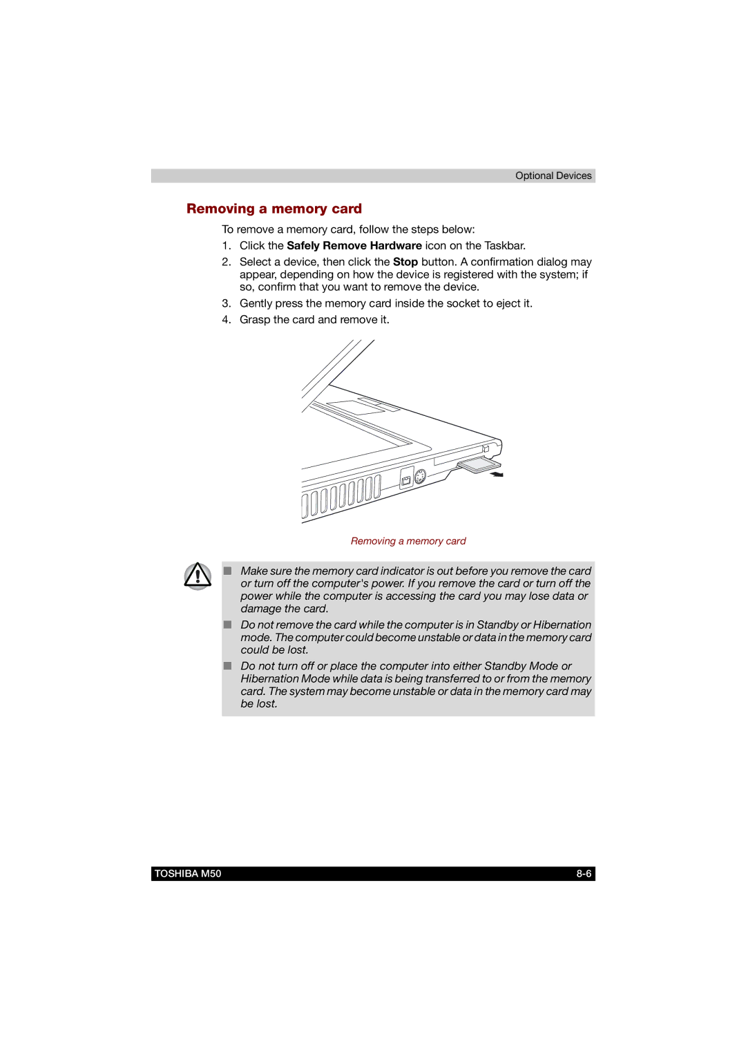 Toshiba M50 user manual Removing a memory card 