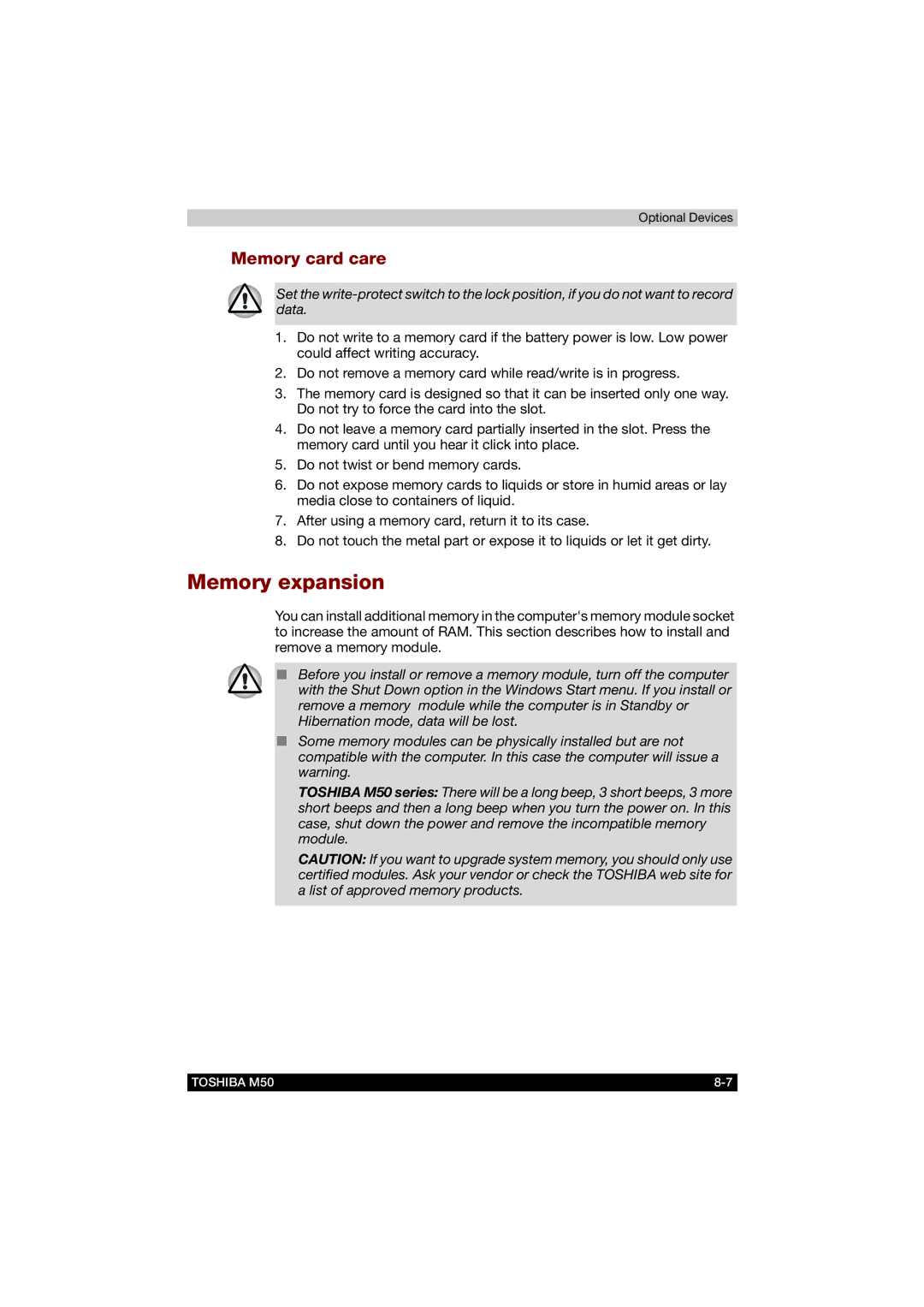 Toshiba M50 user manual Memory expansion, Memory card care 