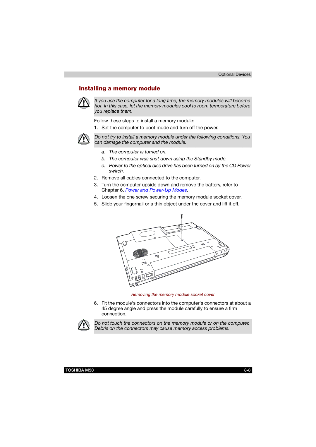 Toshiba M50 user manual Installing a memory module 