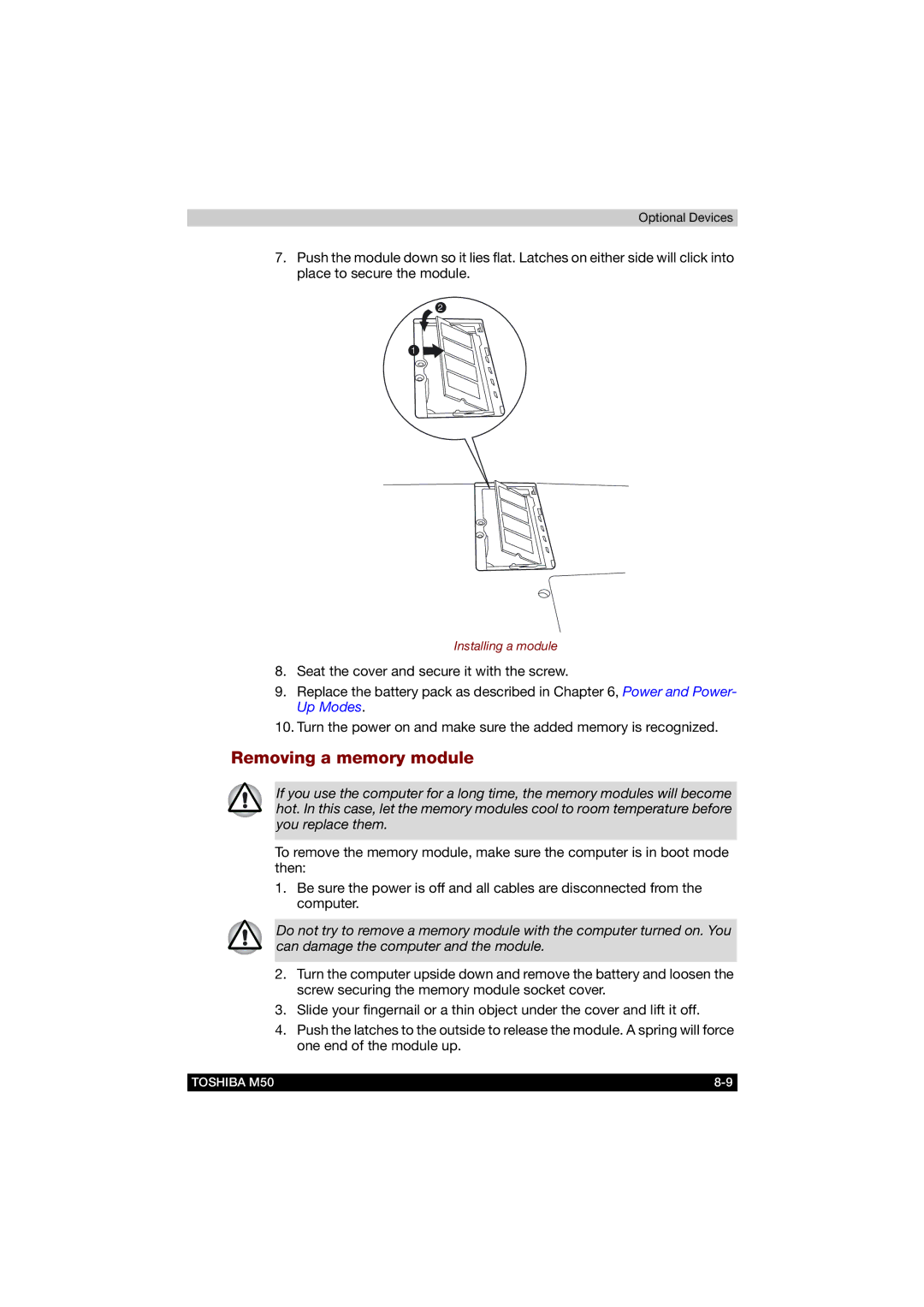 Toshiba M50 user manual Removing a memory module 