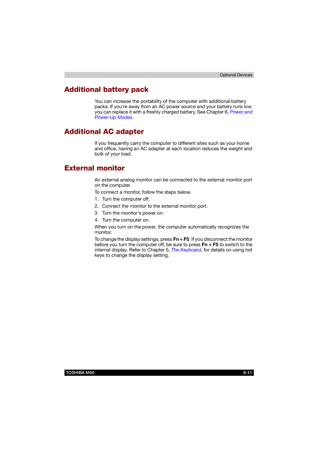 Toshiba M50 user manual Additional battery pack, Additional AC adapter, External monitor 