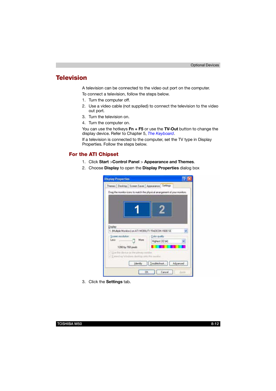 Toshiba M50 user manual Television, For the ATI Chipset, Click Start Control Panel Appearance and Themes 