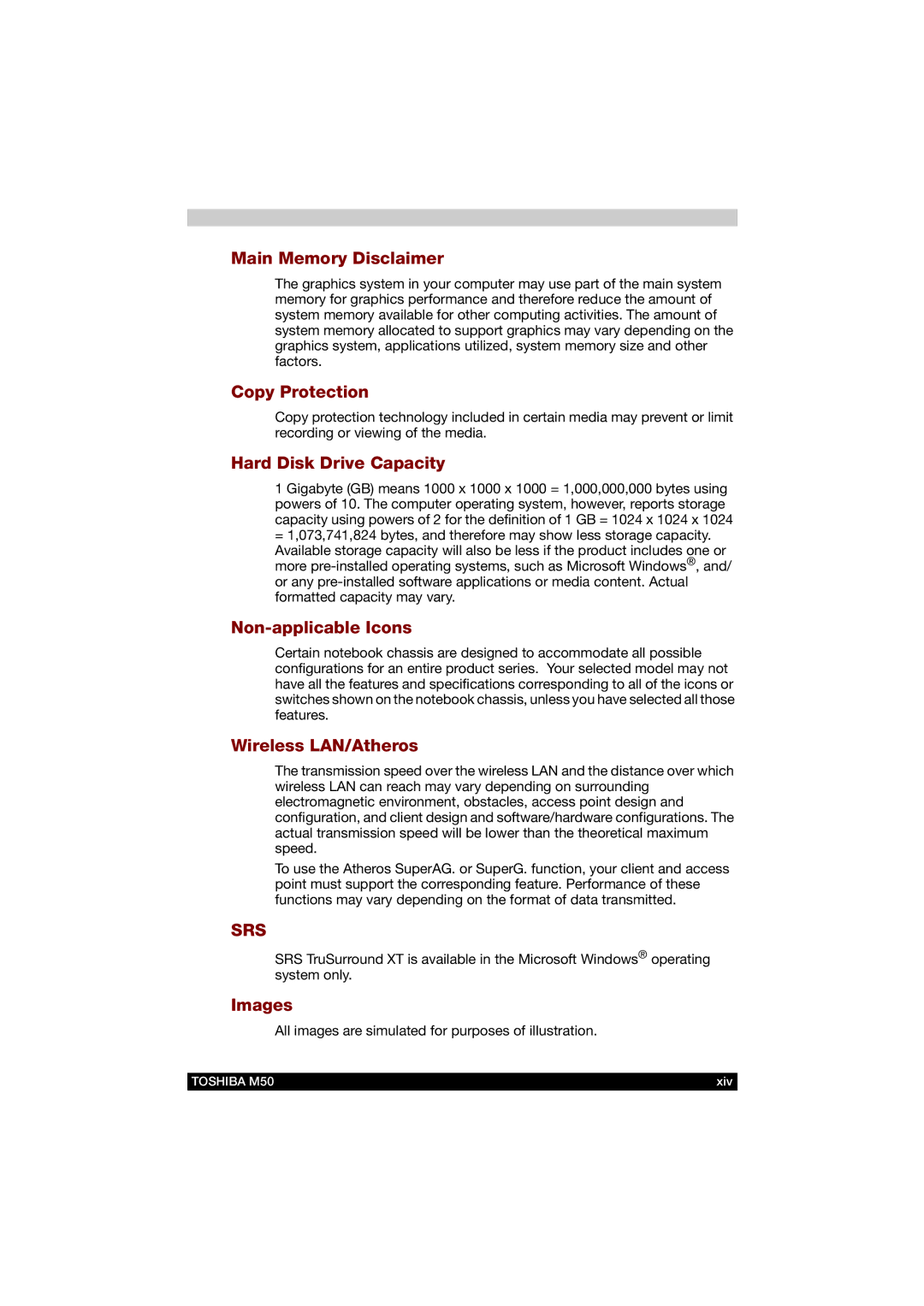 Toshiba M50 Main Memory Disclaimer, Copy Protection, Hard Disk Drive Capacity, Non-applicable Icons, Wireless LAN/Atheros 