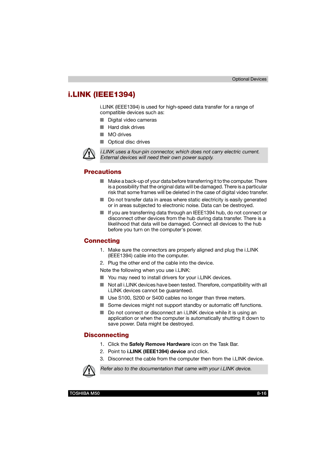 Toshiba M50 user manual Link IEEE1394, Precautions, Point to i.LINK IEEE1394 device and click 