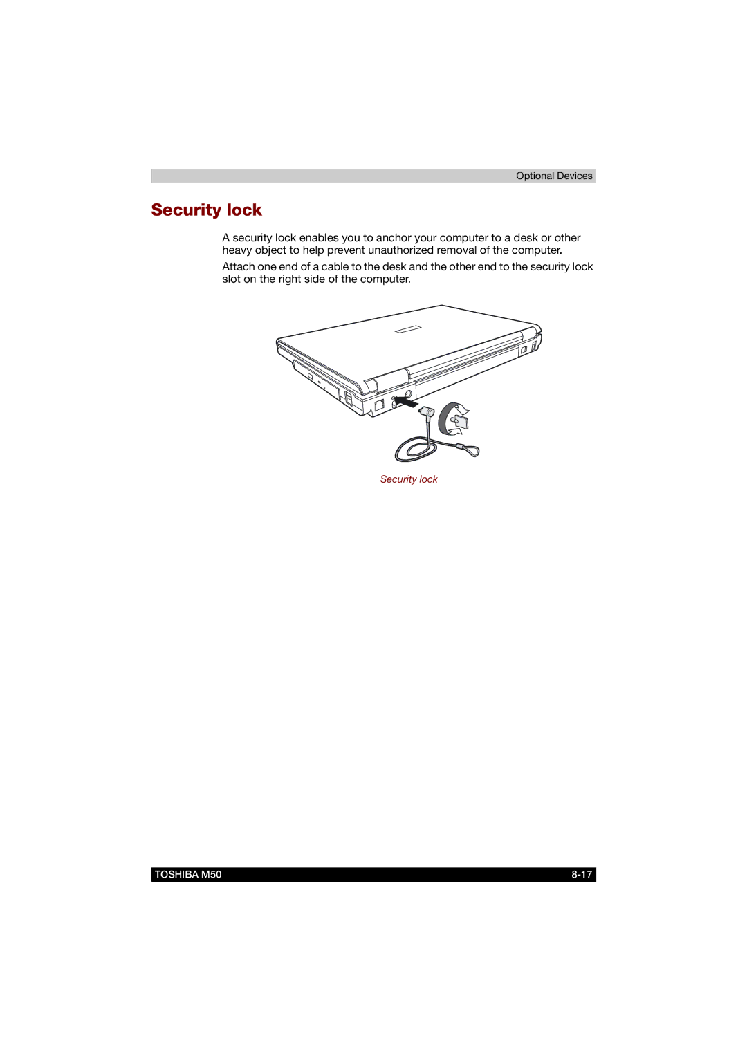 Toshiba M50 user manual Security lock 