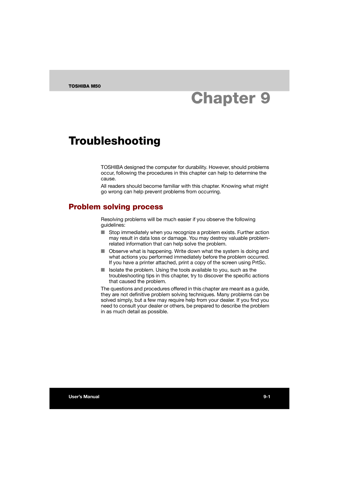 Toshiba M50 user manual Troubleshooting, Problem solving process 