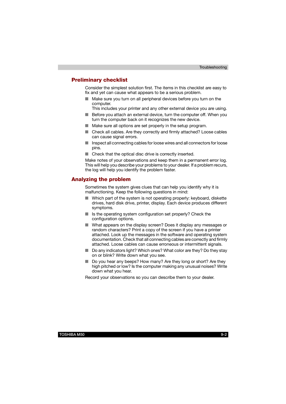 Toshiba M50 user manual Preliminary checklist, Analyzing the problem 