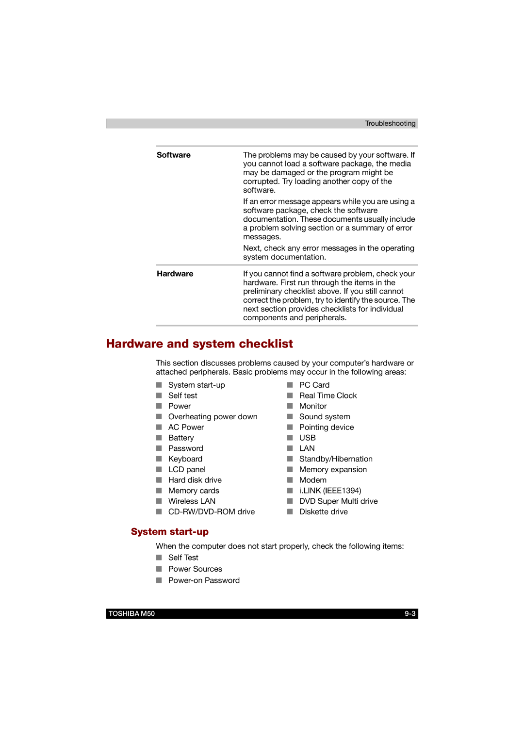 Toshiba M50 user manual Hardware and system checklist, System start-up, Software 