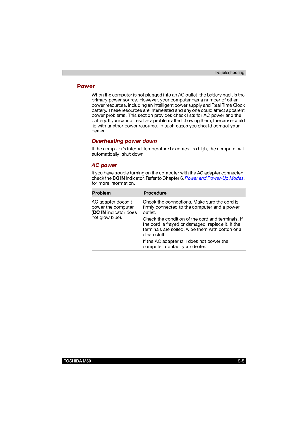 Toshiba M50 user manual Power, Overheating power down, AC power, ProblemProcedure 