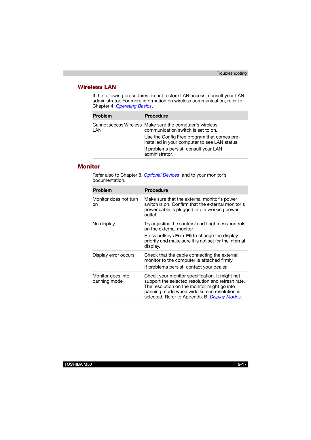 Toshiba M50 user manual Wireless LAN, Monitor 