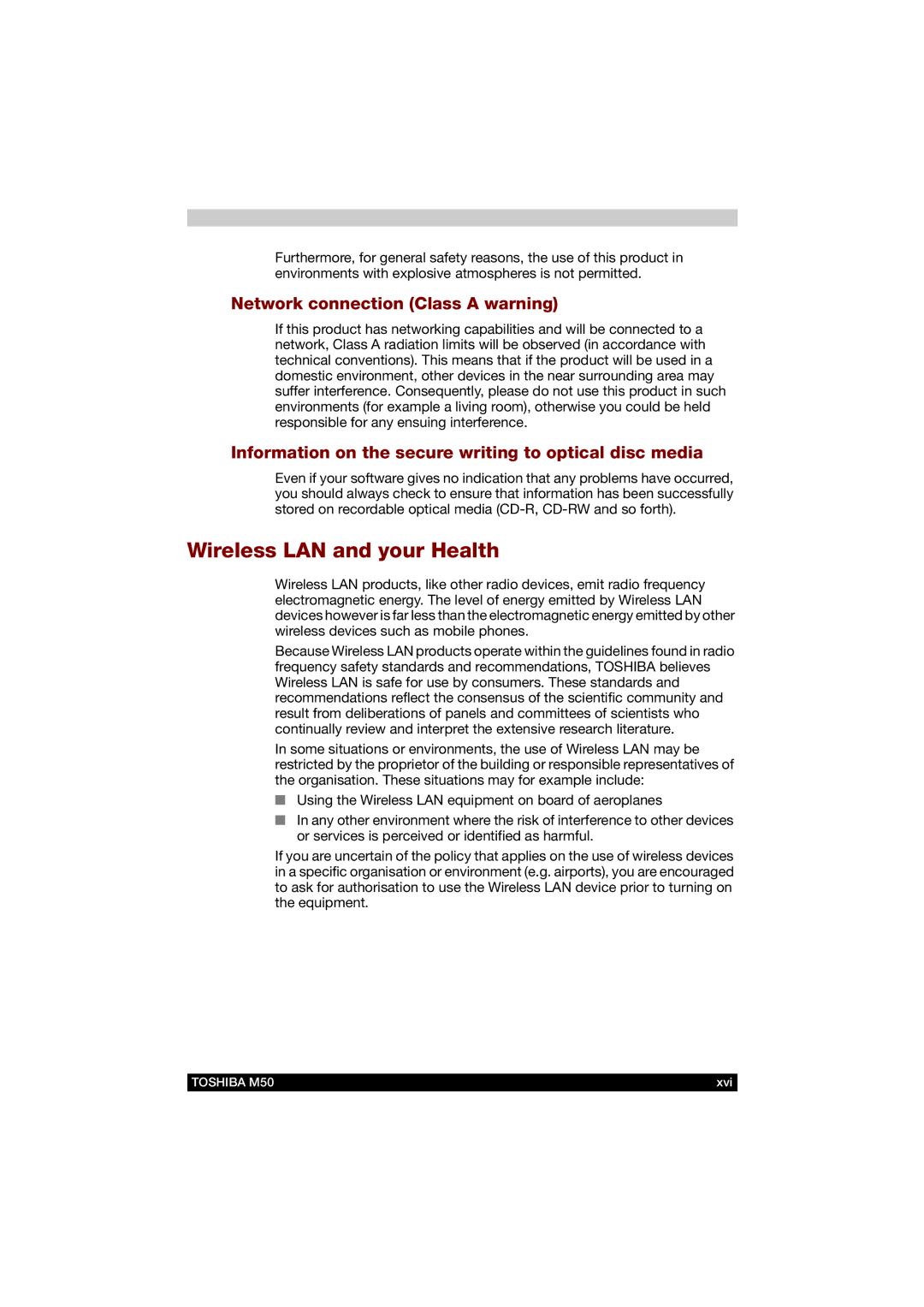 Toshiba M50 user manual Wireless LAN and your Health, Network connection Class a warning 