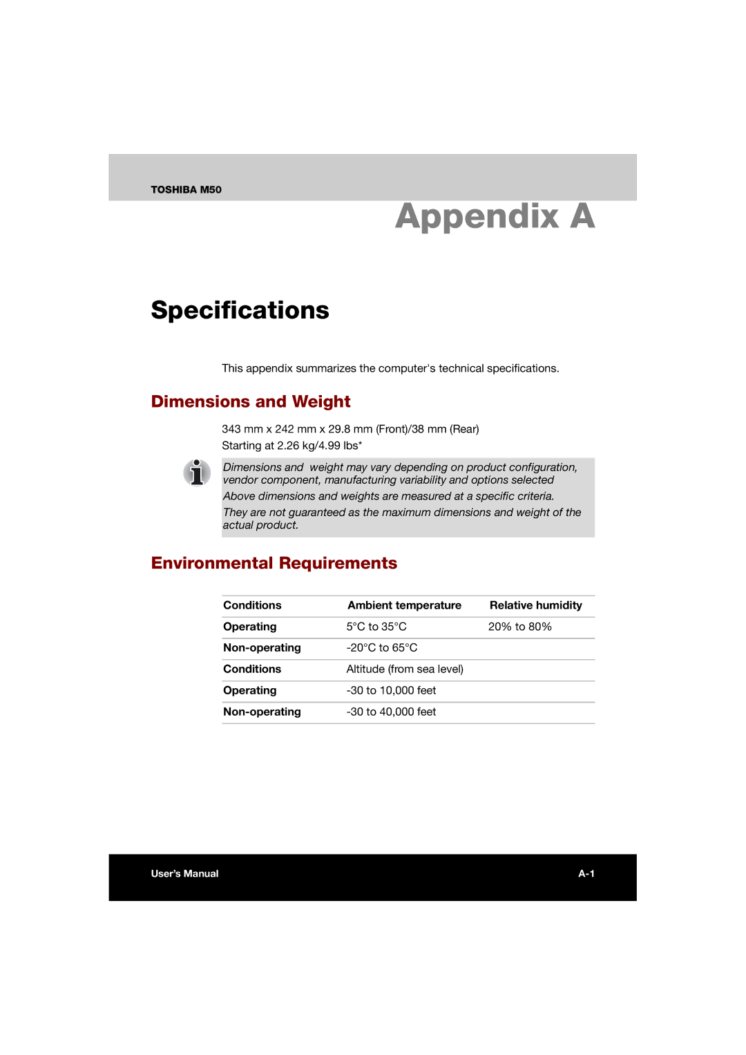 Toshiba M50 user manual Specifications, Dimensions and Weight, Environmental Requirements 