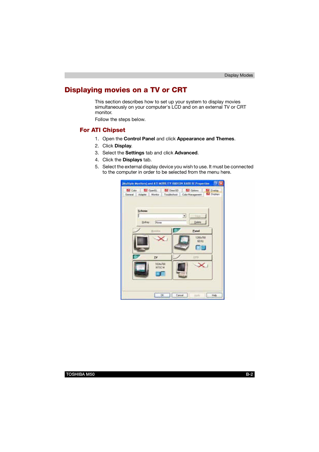 Toshiba M50 Displaying movies on a TV or CRT, For ATI Chipset, Open the Control Panel and click Appearance and Themes 