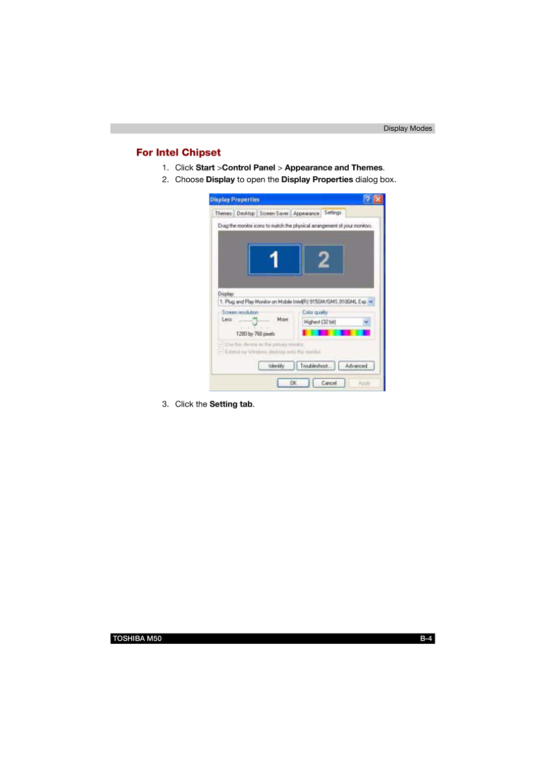 Toshiba M50 user manual For Intel Chipset, Click Start Control Panel Appearance and Themes 