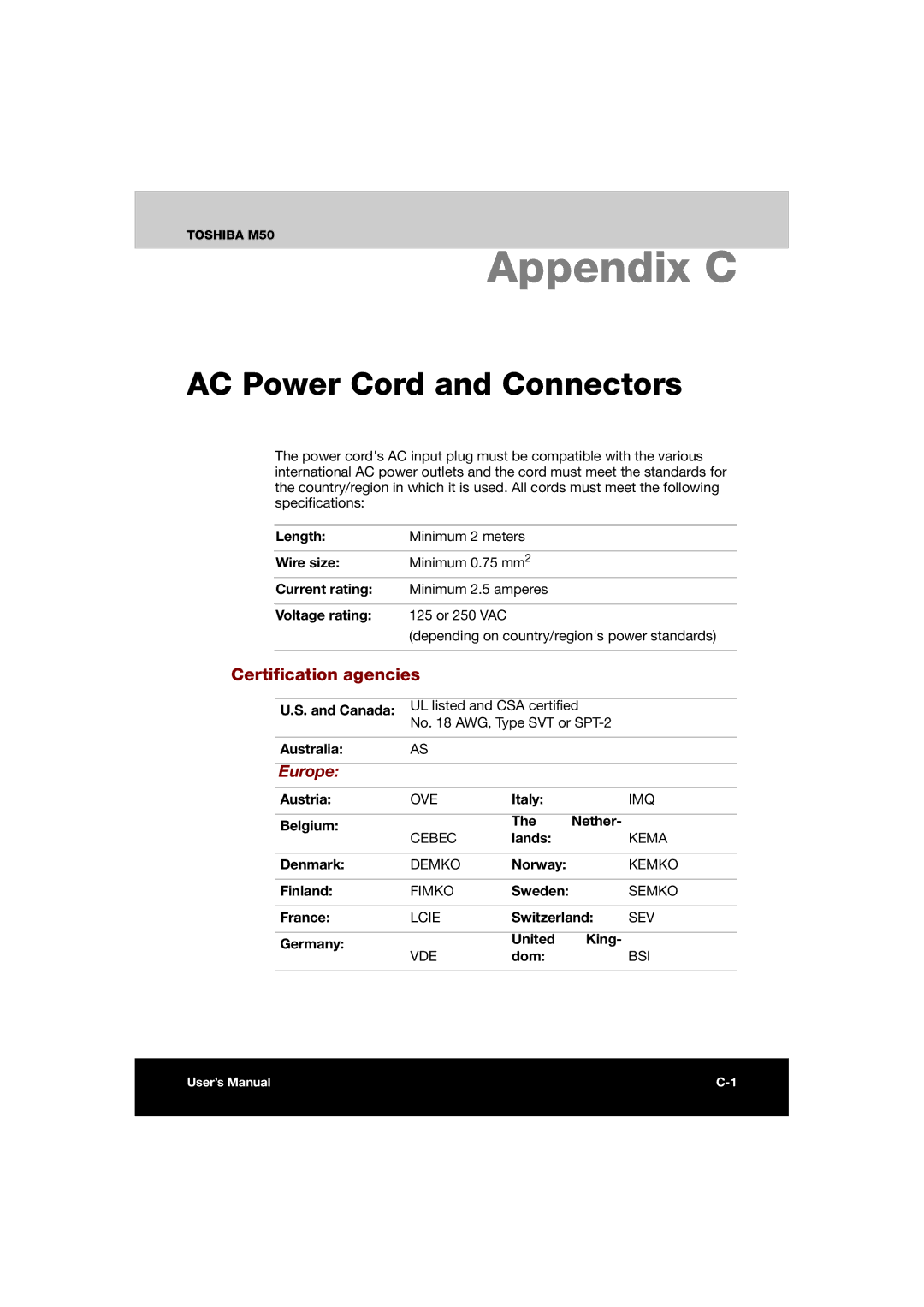 Toshiba M50 user manual AC Power Cord and Connectors, Certification agencies, Europe 