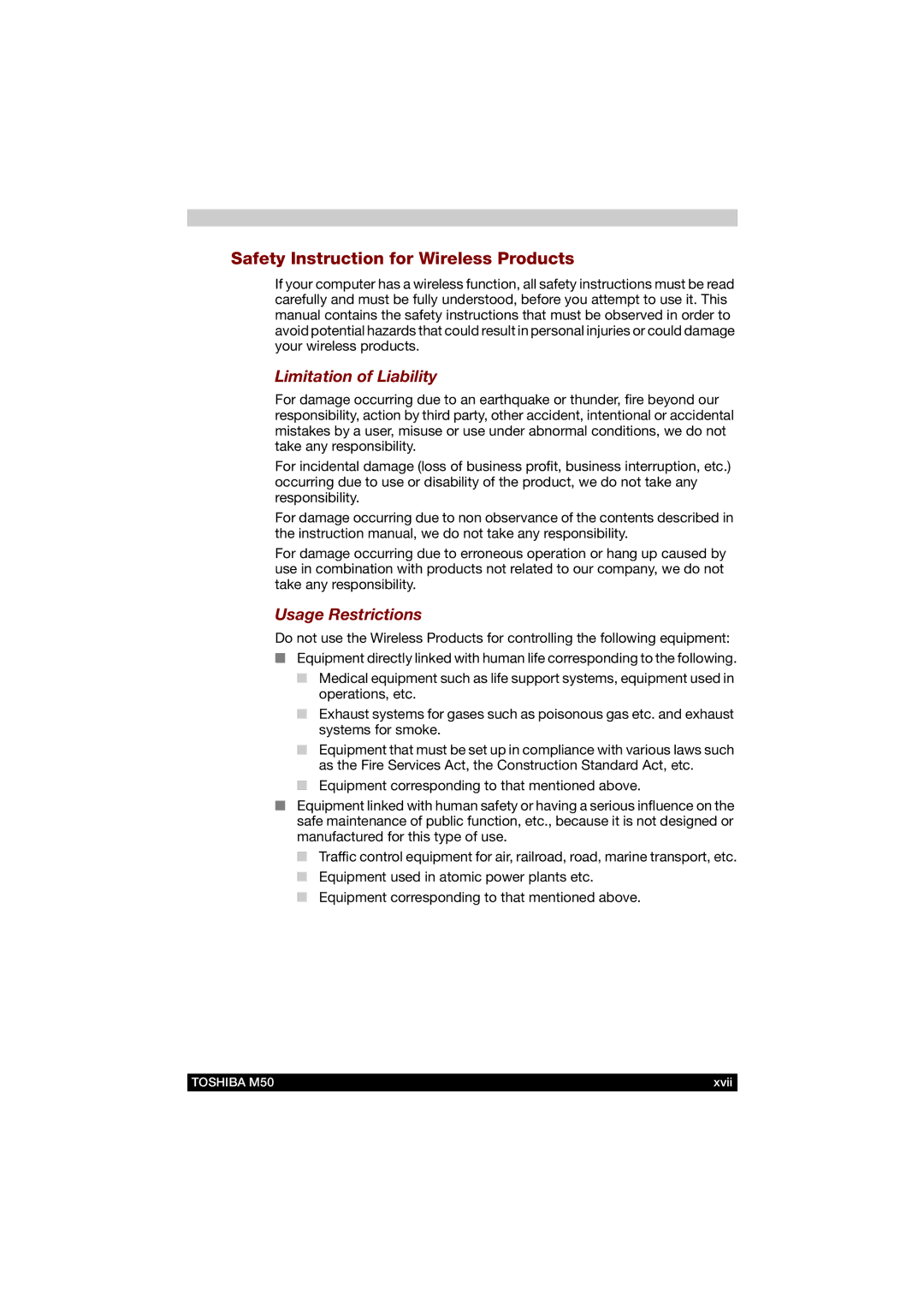 Toshiba M50 user manual Safety Instruction for Wireless Products, Limitation of Liability, Usage Restrictions 