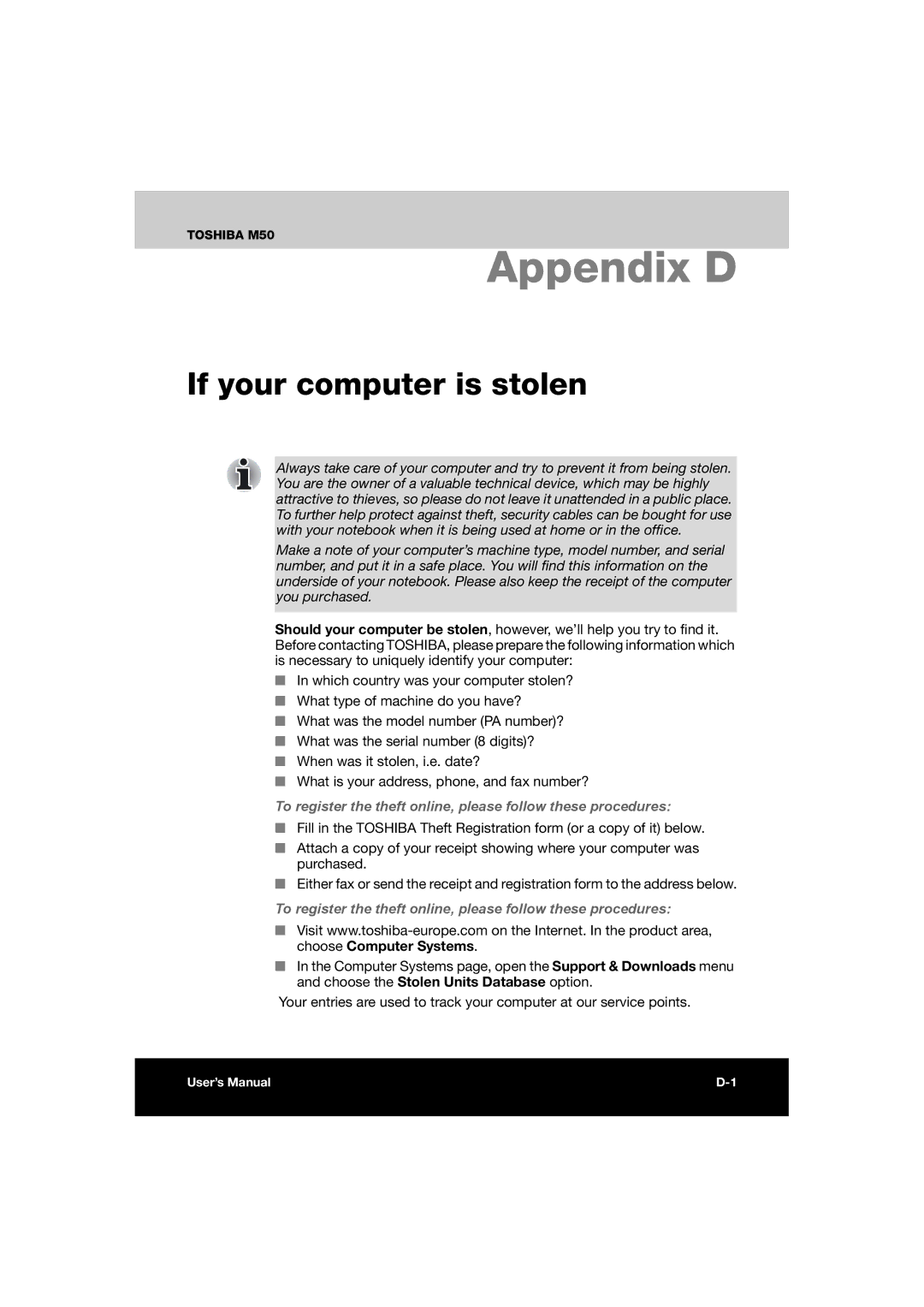 Toshiba M50 user manual Appendix D, If your computer is stolen 