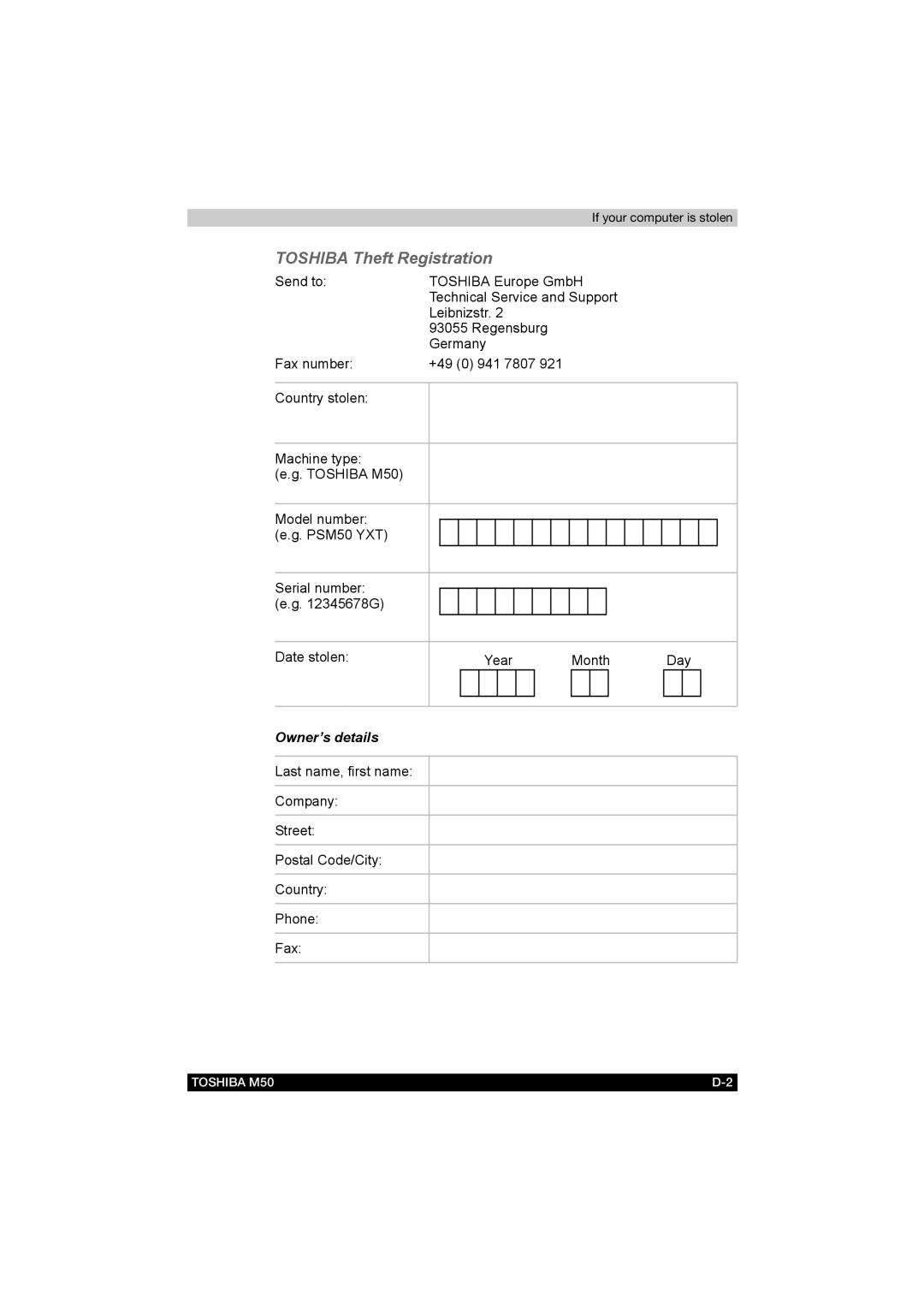 Toshiba M50 user manual Toshiba Theft Registration 