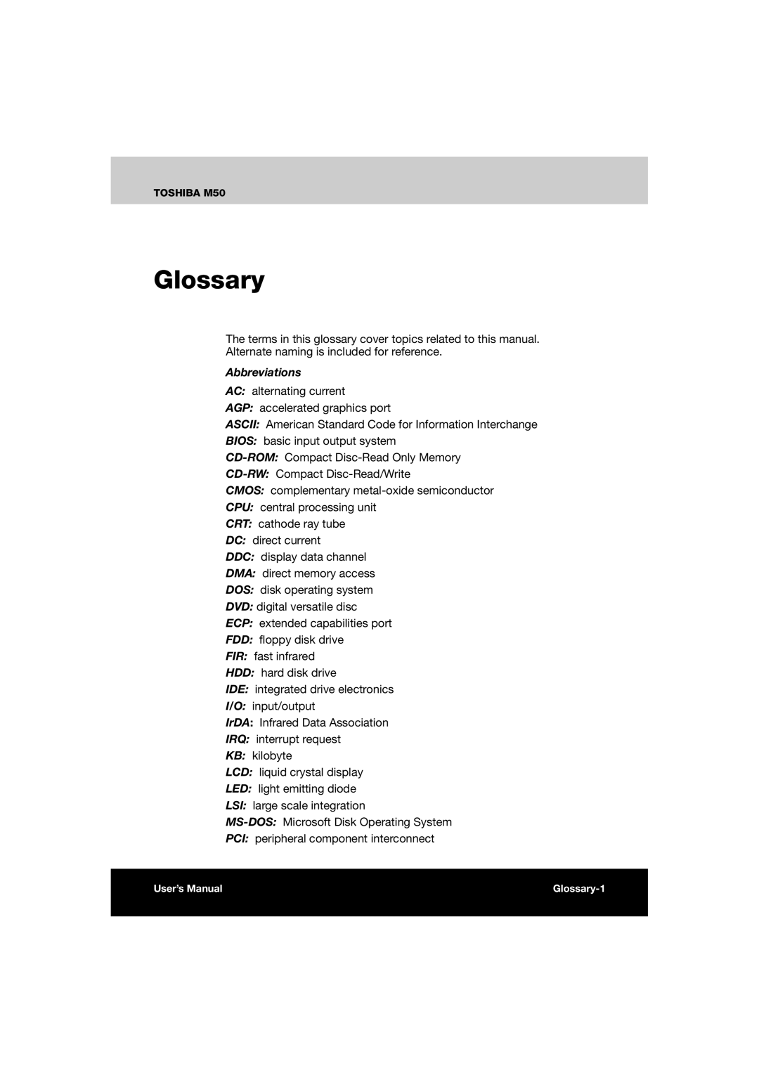 Toshiba M50 user manual Glossary, Abbreviations 