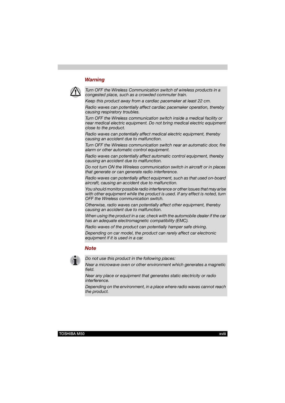 Toshiba M50 user manual Xviii 