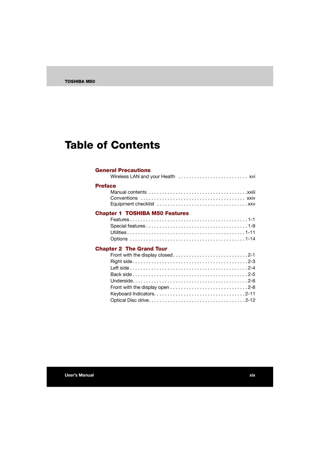 Toshiba M50 user manual Table of Contents 