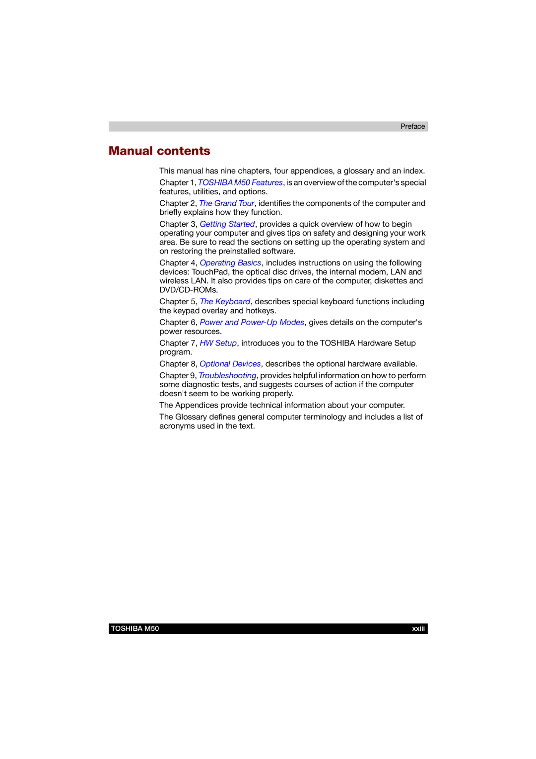 Toshiba M50 user manual Manual contents 