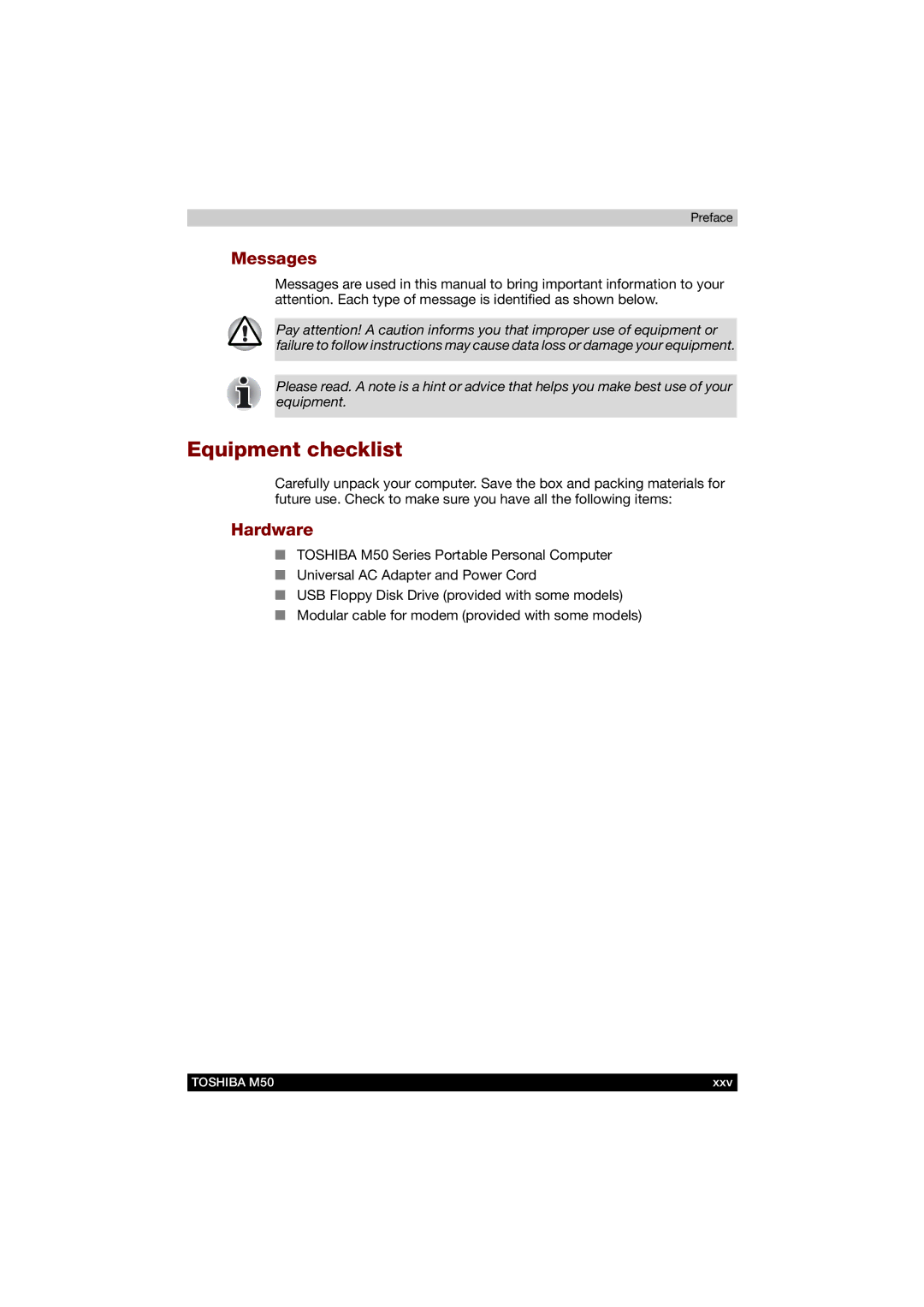 Toshiba M50 user manual Equipment checklist, Messages, Hardware 