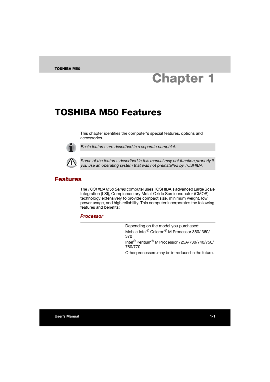 Toshiba user manual Toshiba M50 Features, Processor 