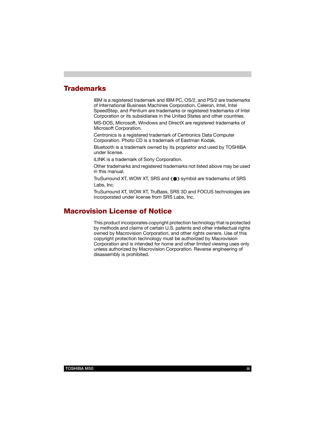 Toshiba M50 user manual Trademarks, Macrovision License of Notice 