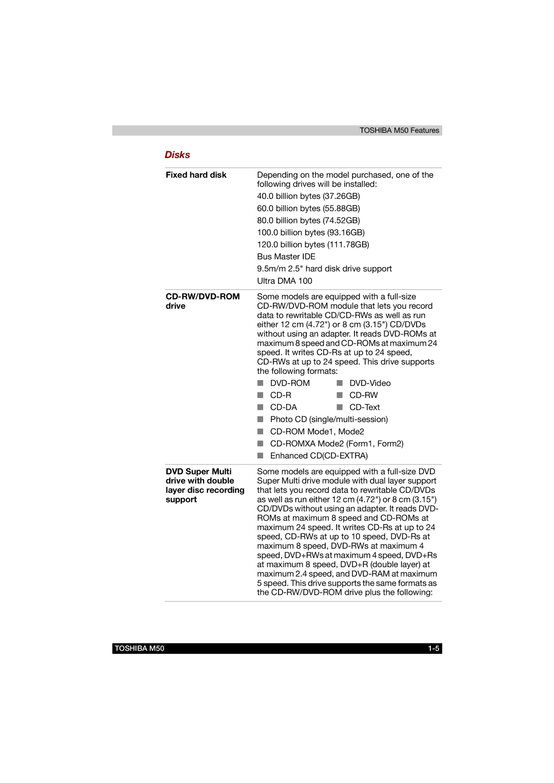 Toshiba M50 user manual Disks, Cd-R Cd-Rw Cd-Da 