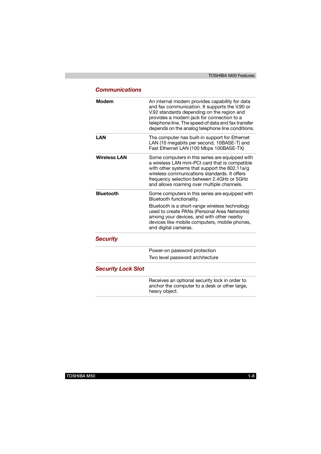 Toshiba M50 user manual Communications, Security Lock Slot 