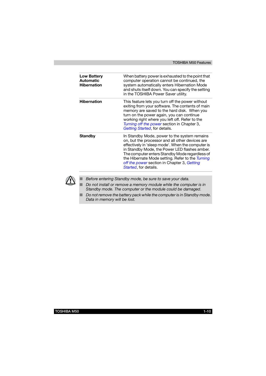 Toshiba M50 user manual Low Battery, Automatic, Hibernation, Standby 