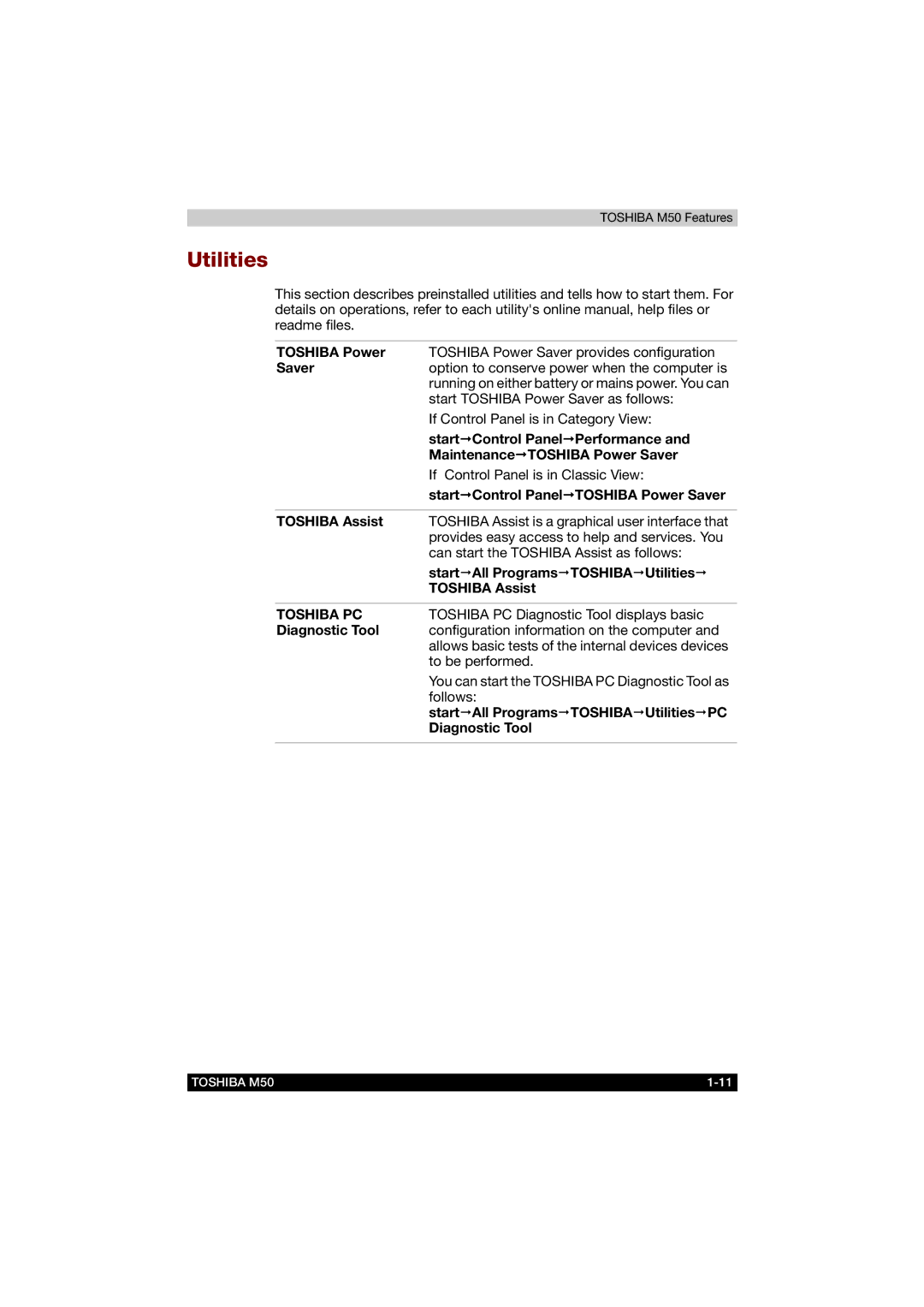 Toshiba M50 user manual Utilities 