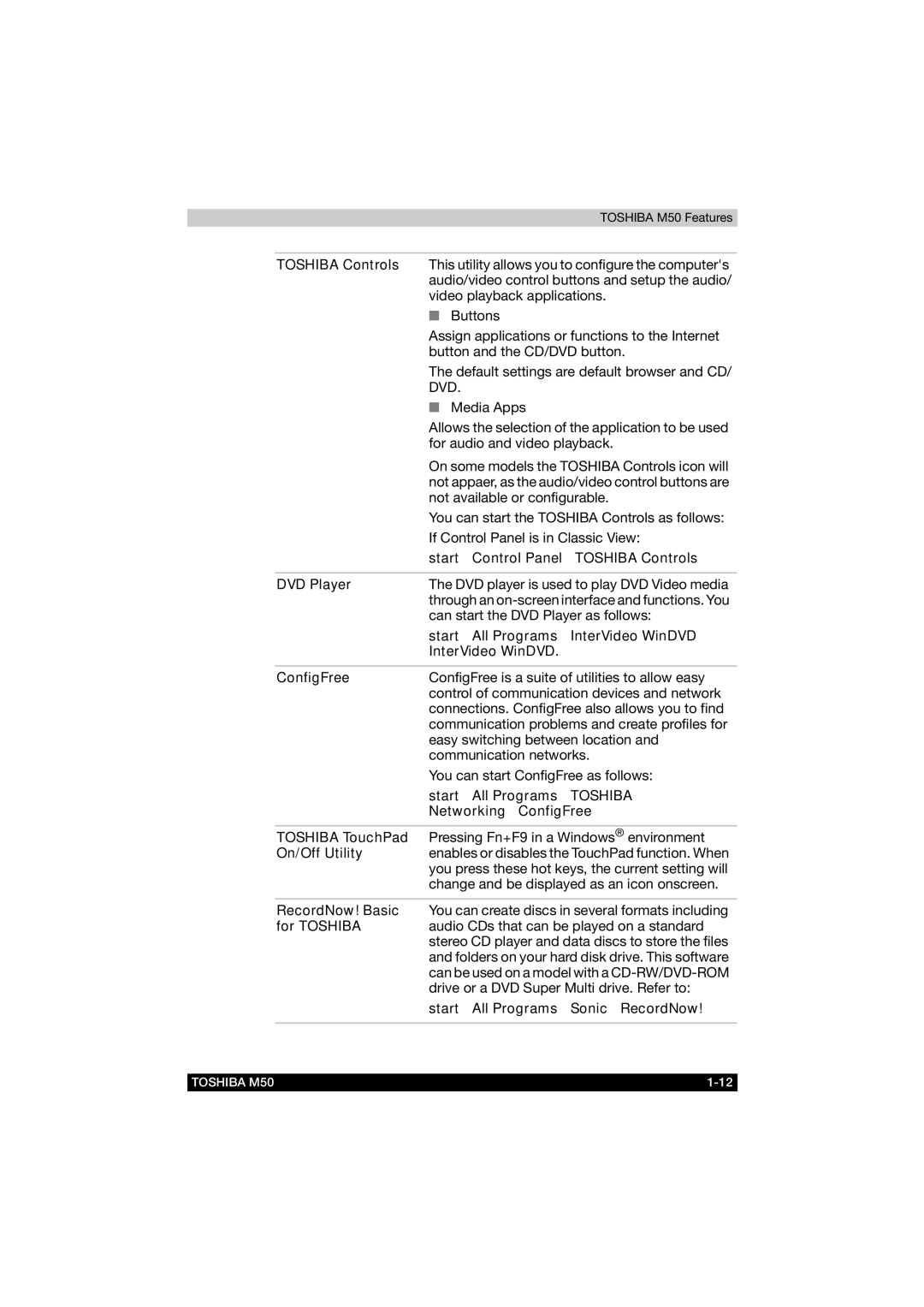 Toshiba M50 user manual Start Control Panel Toshiba Controls, DVD Player, Start All Programs InterVideo WinDVD, ConfigFree 